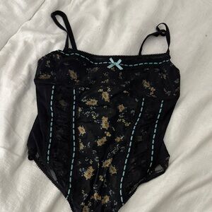 FREE PEOPLE Black Floral Lace Bodysuit with Aqua Trim